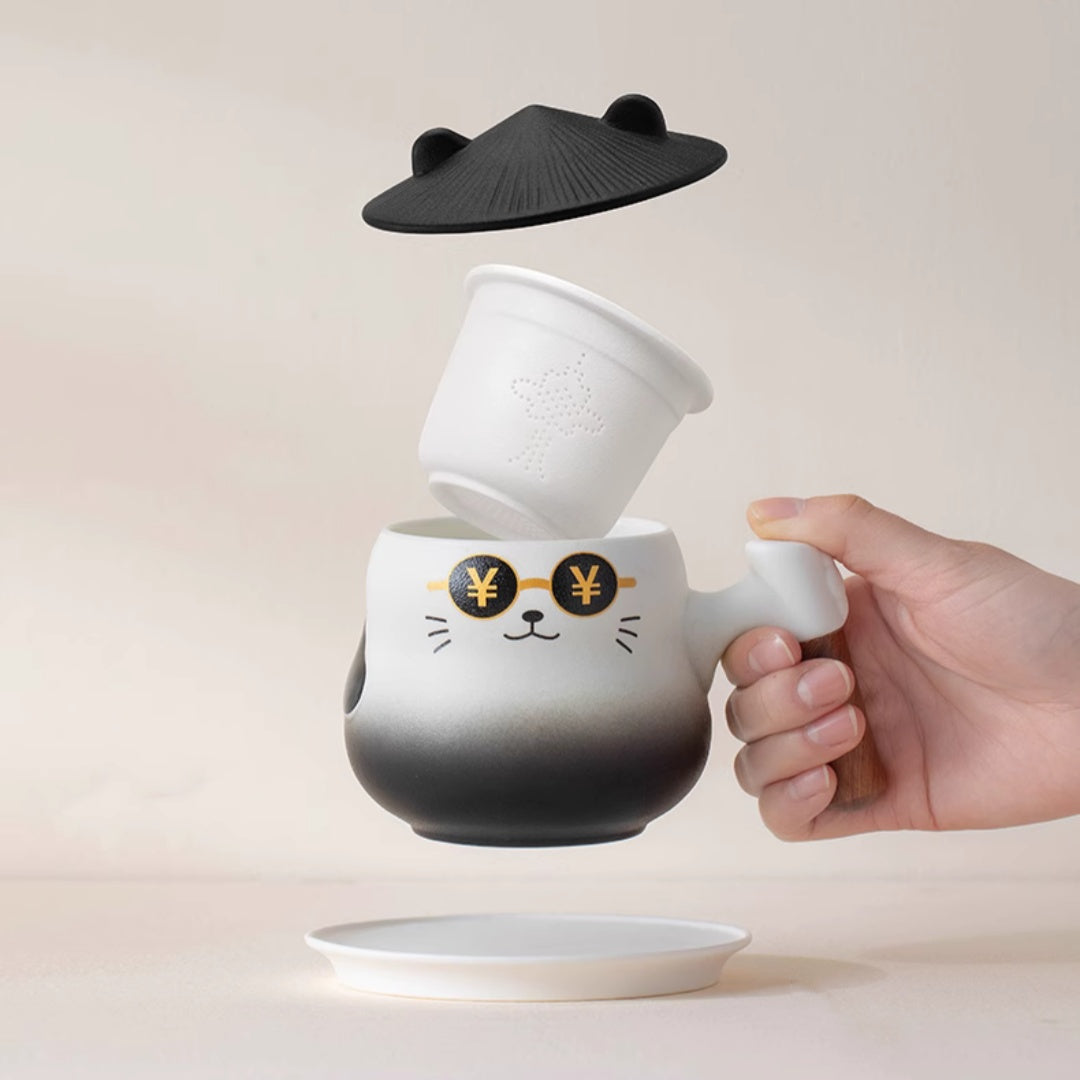 Lucky Cat Tea Infuser Cup 350ml- Ceramic Tea and Water Separation Mug