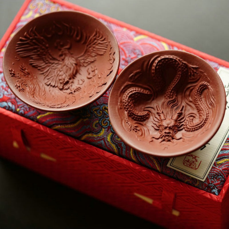 Yixing Purple Clay Dragon And Phoenix Pair Cups