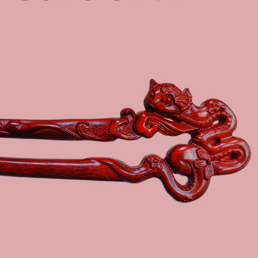 Rosewood Snake Hairpin U-shaped Double Hair Stick for Chinese New Year