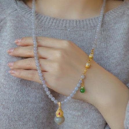 Elegant Natural Hetian Jade Lavender Gourd Pendant Necklace