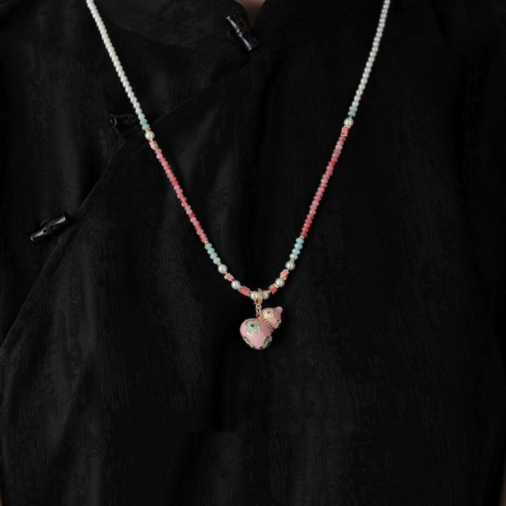 Enamel Gourd Pearl Necklace – Contemporary Chinese Cloisonné Pendant with Natural Gemstones