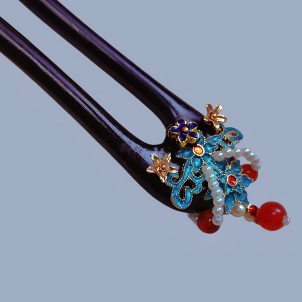 Natural Black Sandalwood Hairpin with Exquisite Agate Inlay Crown Design Hair Stick