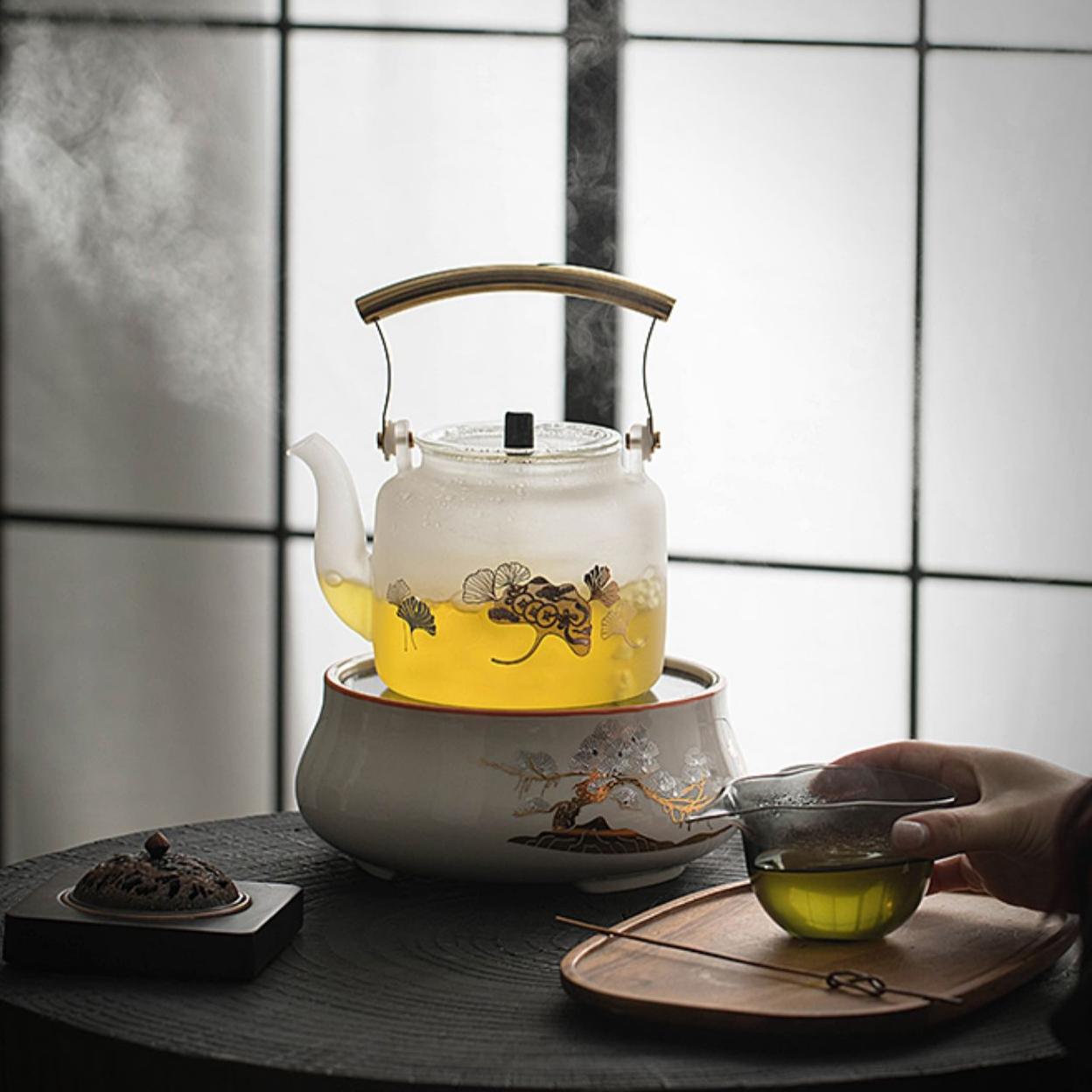 White Gingko Glass Teapot with Stove