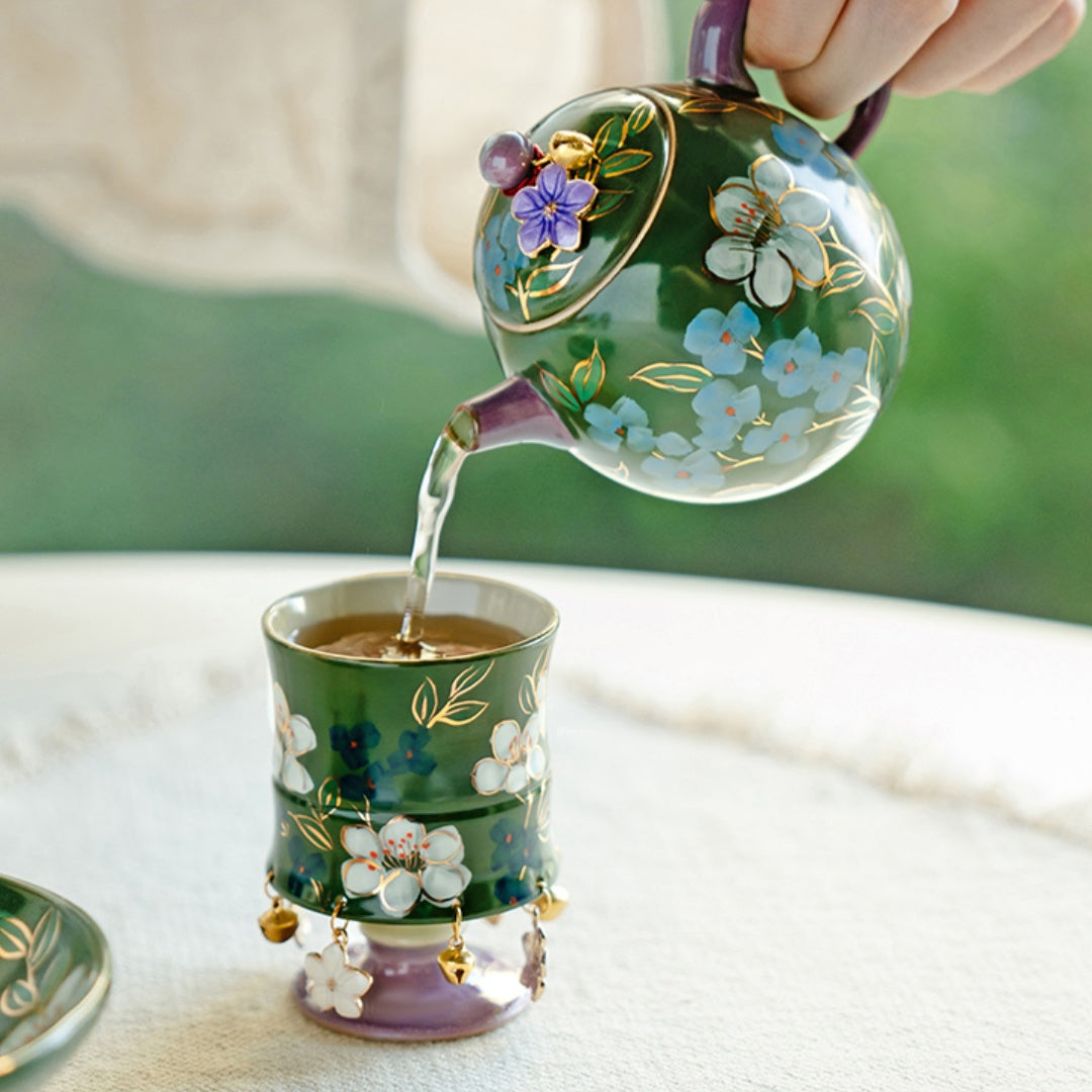 Premium Gongfu Tea Set - Handcrafted Emerald Green Porcelain with Hand-Painted Jasmine Motif