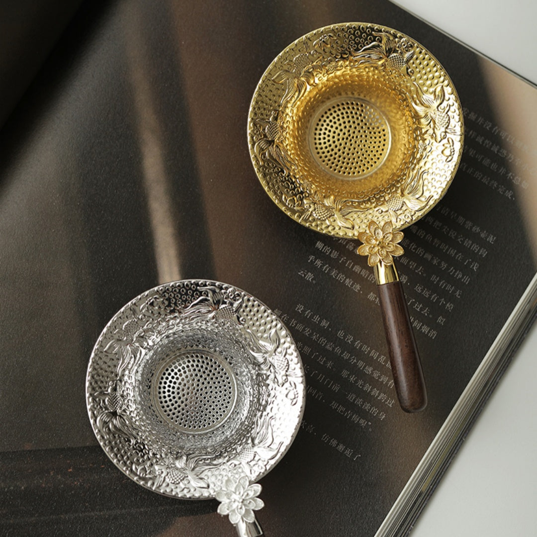 Premium Koi & Plum Blossom Tea Strainer - Alloy Filter with Wooden Handle