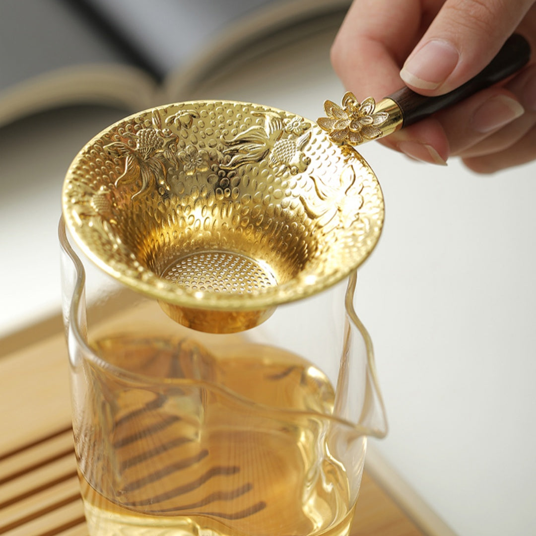 Premium Koi & Plum Blossom Tea Strainer - Alloy Filter with Wooden Handle