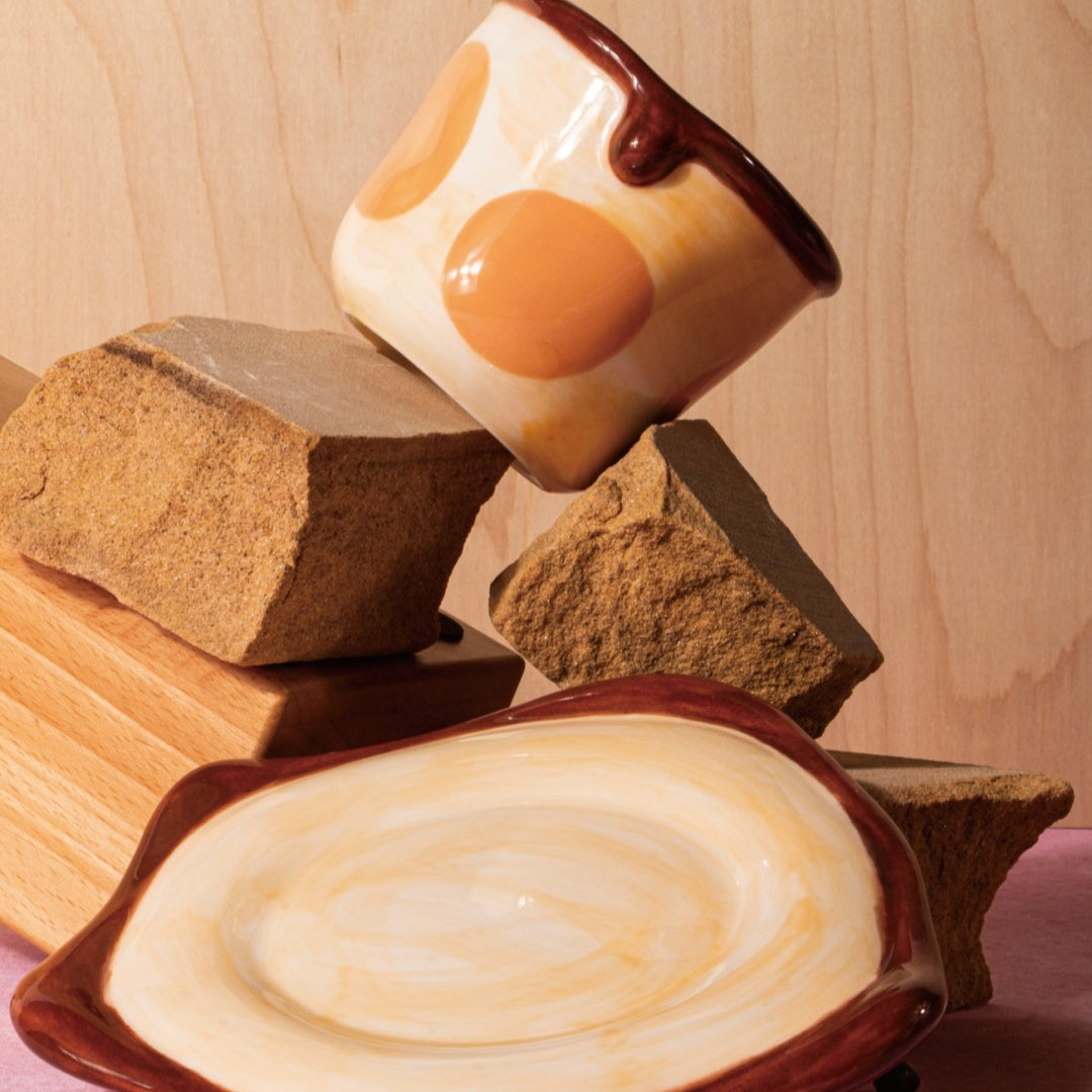 Hand-Painted Ceramic Mug - Cute Ins-Style Color Block & Polka Dot Design