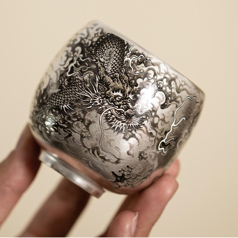 Dragon-Patterned Silver-Glazed Tea Cup