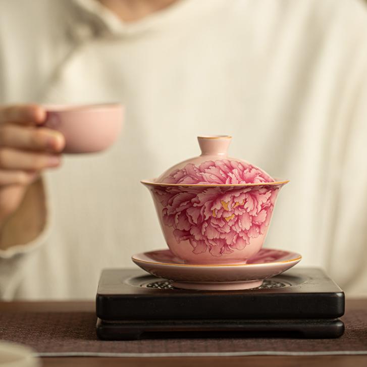 Pink Peony Ceramic Gaiwan