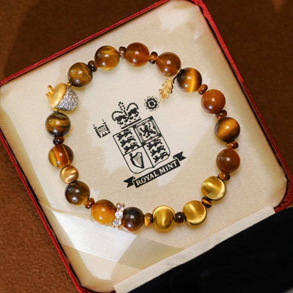 Squirrel & Hazelnut Original Design Retro Style Tiger's Eye Stone Bracelet - Sterling Silver Gold-Plated Hand Chain