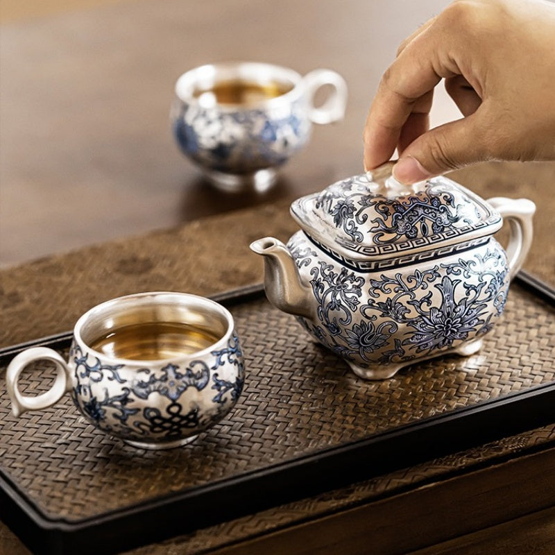 Exquisite and Luxurious 999 Pure Silver Gilded Traditional Chinese Tea Set