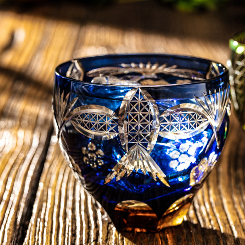 Harmony and Prosperity  Handmade Glass Cup - Embossed Design Retro Style