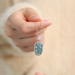 Natural Leaf Shaped Blue Aquamarine Pendant Necklace S925 Sterling Silver with Extendable Chain