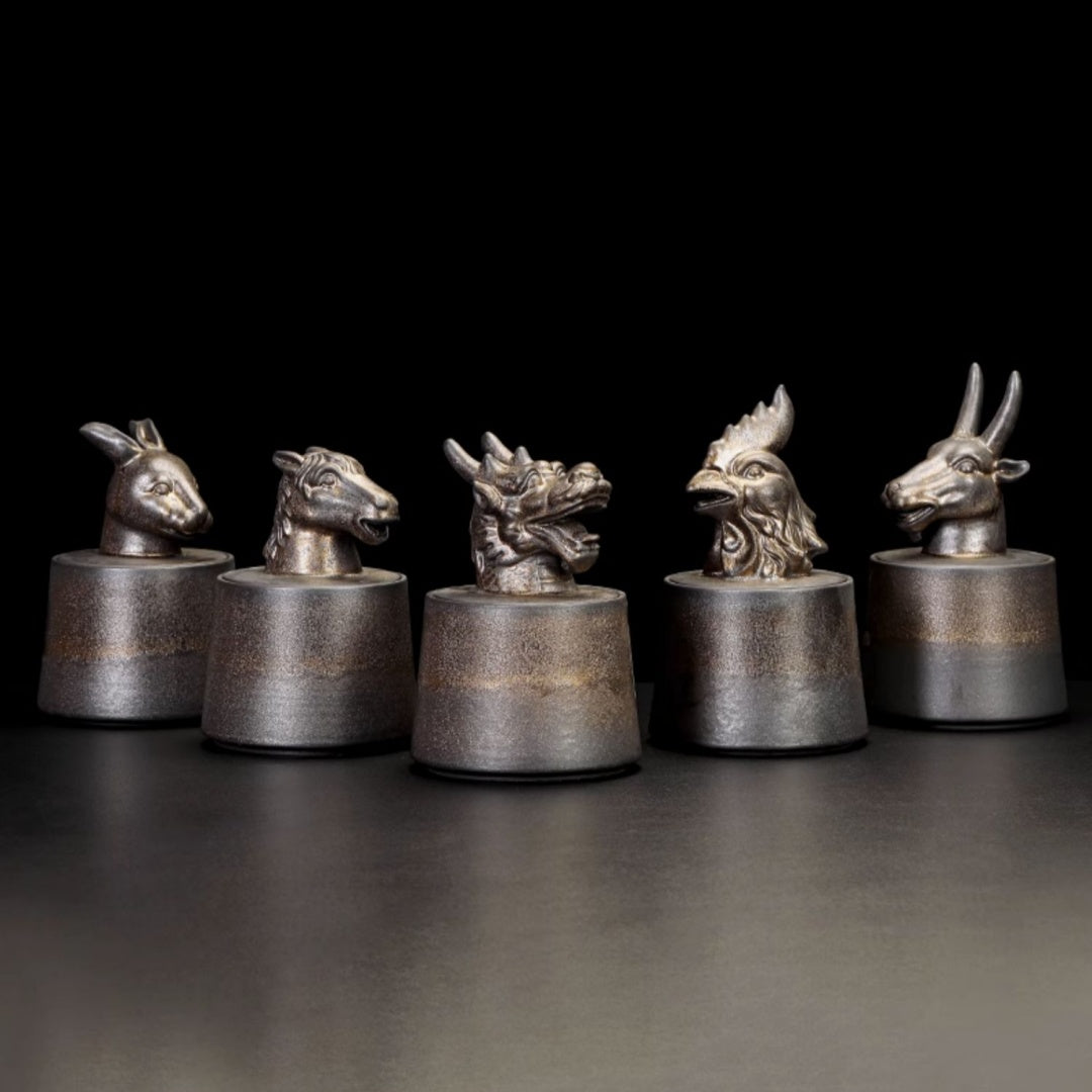 Gilded Zodiac Tea Caddy - 12 Chinese Animal Sign Ceramic Storage Jar