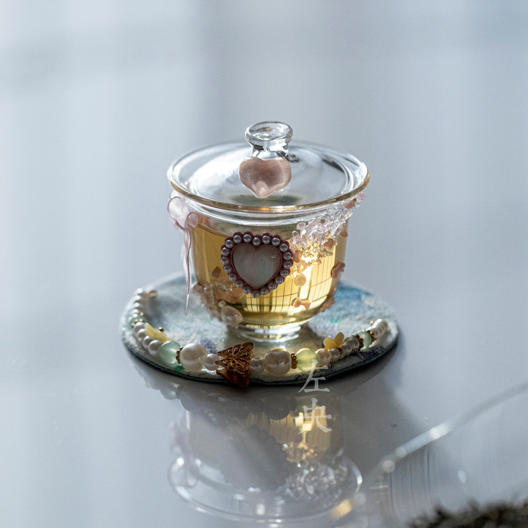 Crystal Heart Glass Gaiwan - Heat-Resistant Lidded Tea Bowl Set