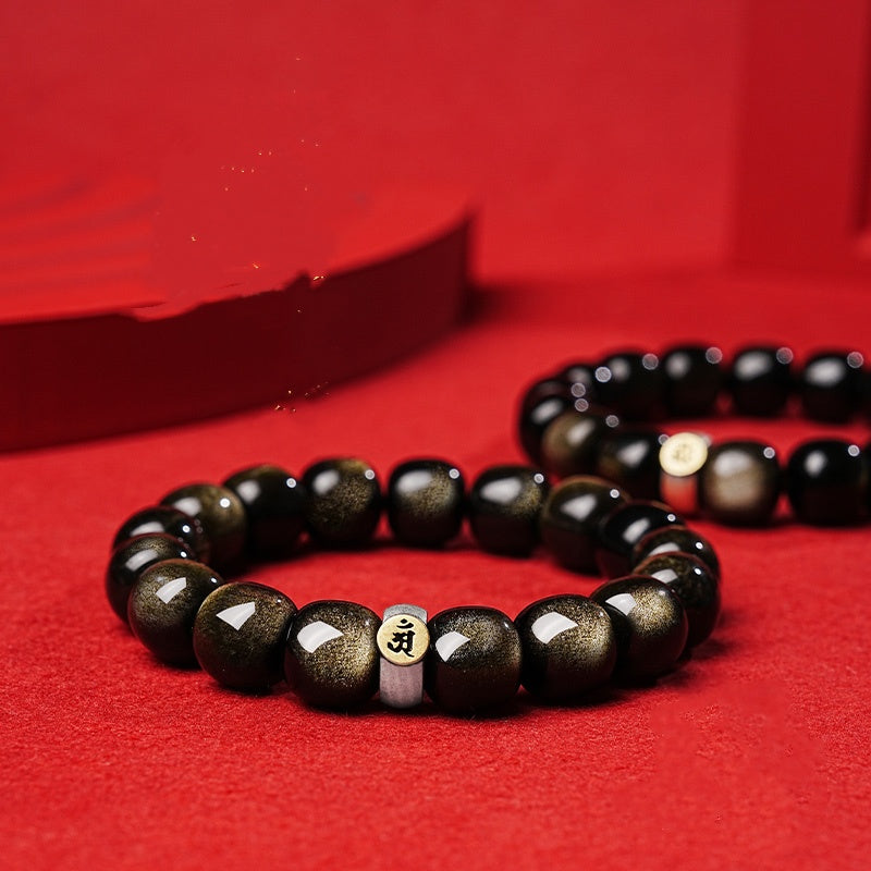 Men Black Obsidian Bracelet - High-End Golden Obsidian and Crystal Beaded Jewelry