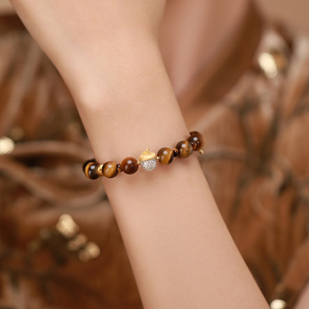 Squirrel & Hazelnut Original Design Retro Style Tiger's Eye Stone Bracelet - Sterling Silver Gold-Plated Hand Chain