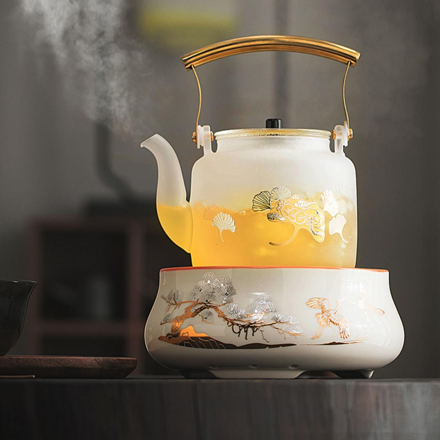 White Gingko Glass Teapot with Stove