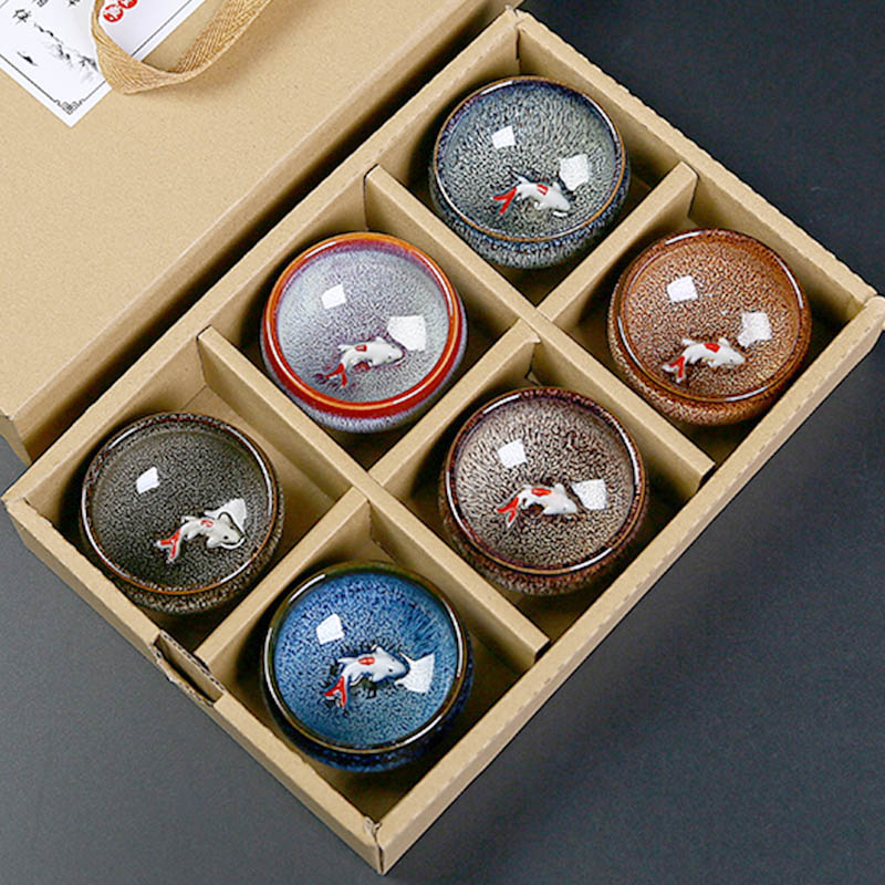 Set of 6 Glazed Jianzhan Tea Cups 74ml - Ceramic Tea Bowls with Gift Box