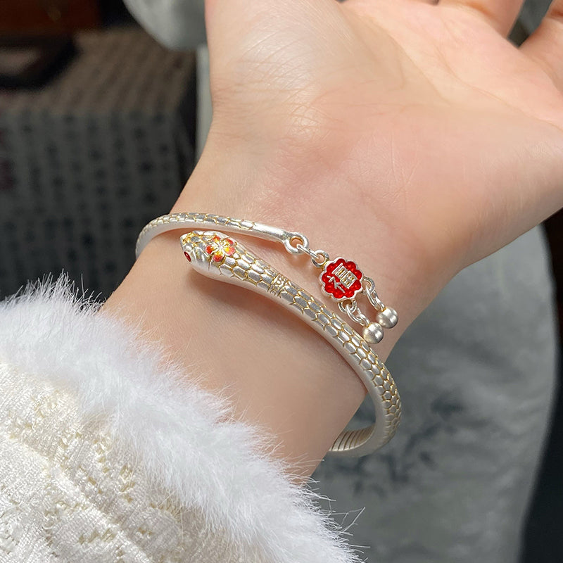 999 Pure Silver Gold-Plated Peach Blossom Snake Bangle - Lucky Year Bracelet for Women