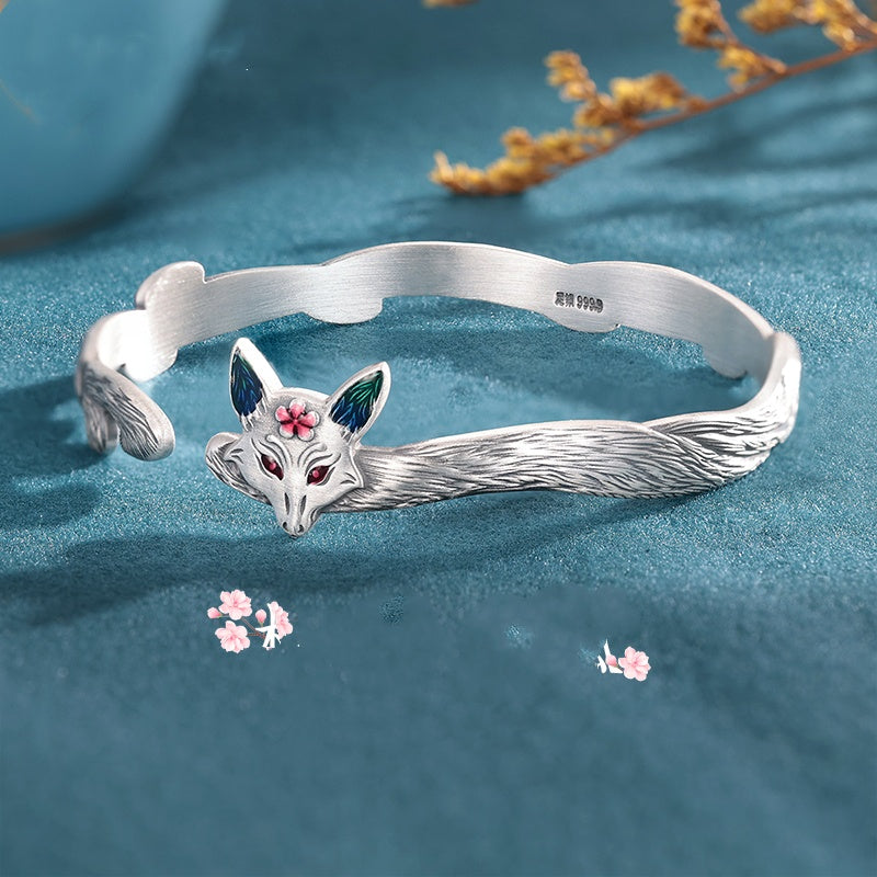 Silver Heart 999.9 Pure Silver Fox Bangle - Luxury Niche Jewelry Ideal Gift for Women