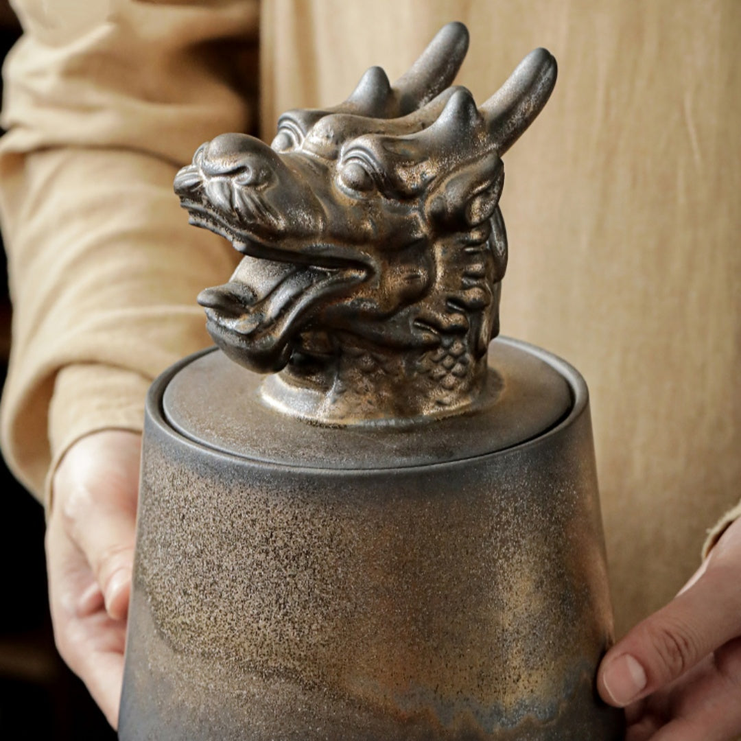 Gilded Zodiac Tea Caddy - 12 Chinese Animal Sign Ceramic Storage Jar