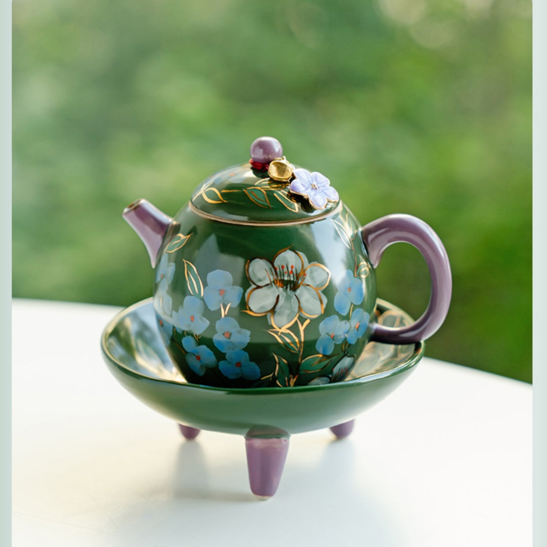 Premium Gongfu Tea Set - Handcrafted Emerald Green Porcelain with Hand-Painted Jasmine Motif
