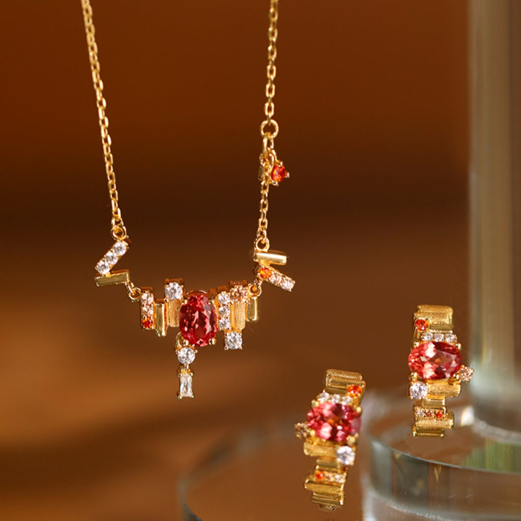 Floating Light and Golden Glow Cultured Sapphire in Padparadscha Color, Retro Sterling Silver Necklace and Ear Cuff Set