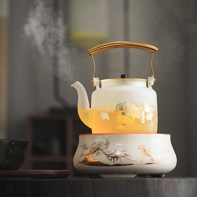 White Gingko Glass Teapot with Stove