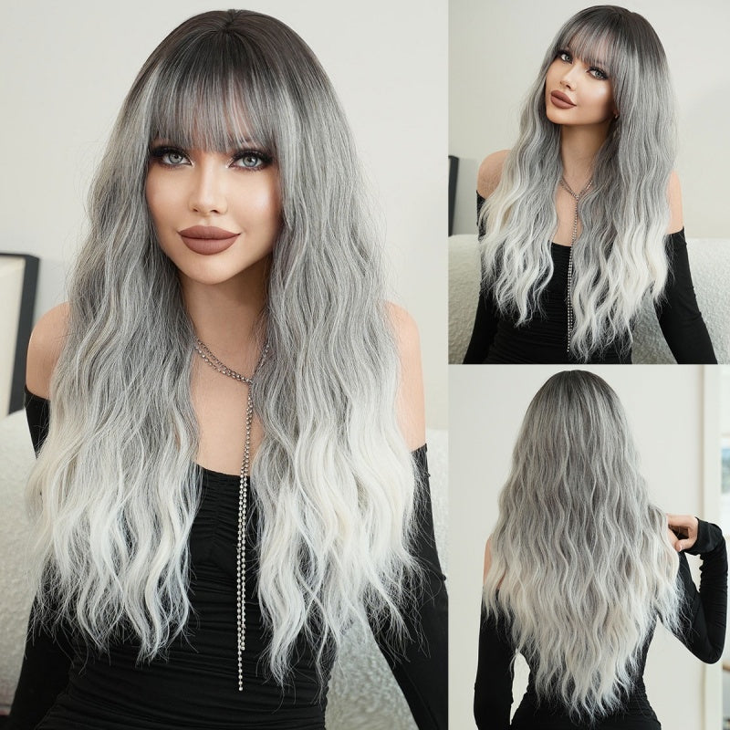 Dual Tone Elegance Black Gray and Light Pink Long Wigs