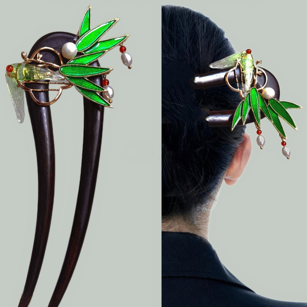 New Chinese Style Black Sandalwood Hairpin with Lucky Bamboo Design