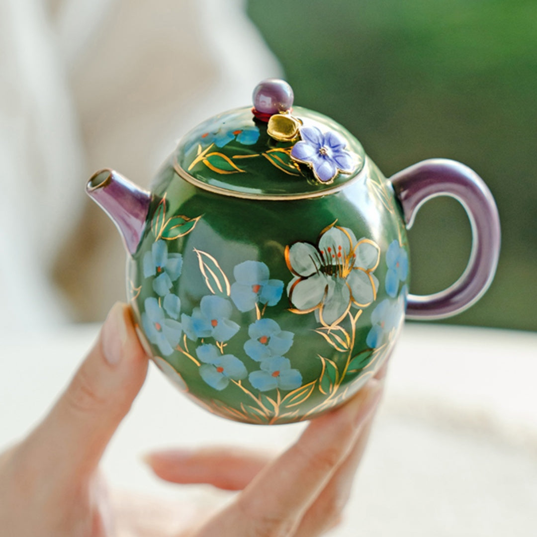 Premium Gongfu Tea Set - Handcrafted Emerald Green Porcelain with Hand-Painted Jasmine Motif
