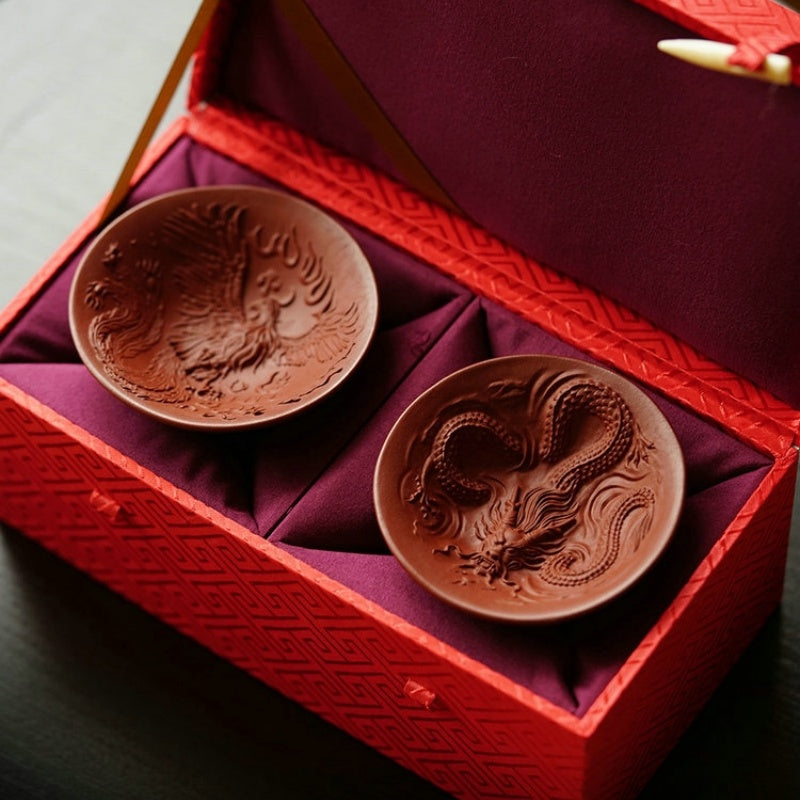 Yixing Purple Clay Dragon And Phoenix Pair Cups