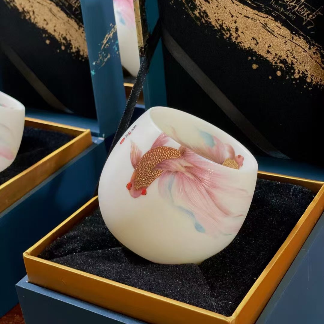 Gathering Blessings Tea Cup 200ml - Hand-painted Porcelain Tea Cup with Fish Design for Blessing