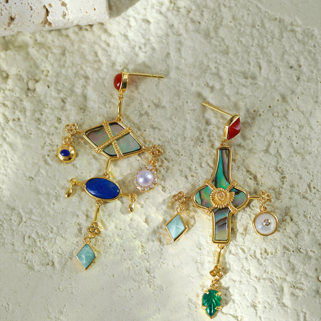 Fossil Retro Multicolor Gemstone Earrings with Natural Pearl and Abalone Shell