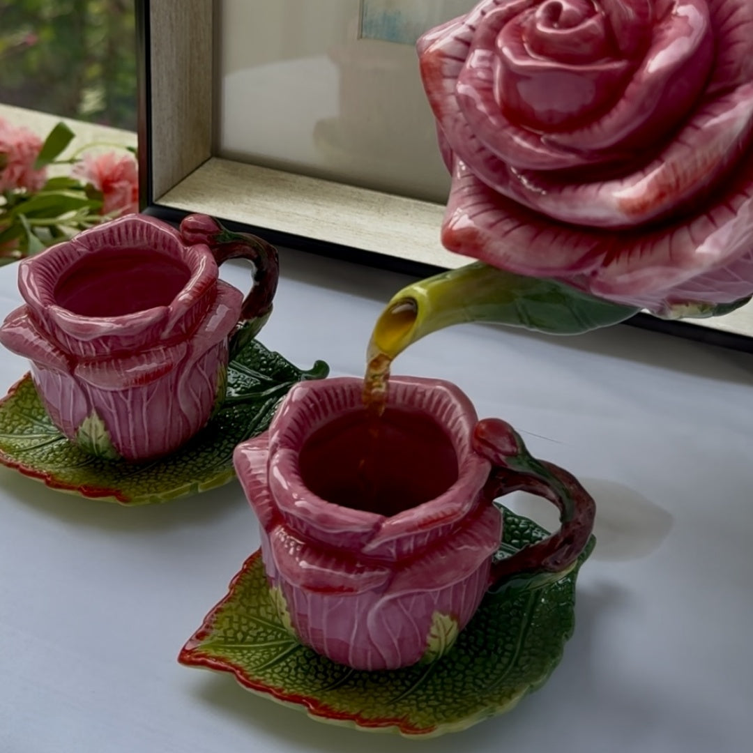 Glaze Rose Ceramic Tea Set - Teapot with Two Cups