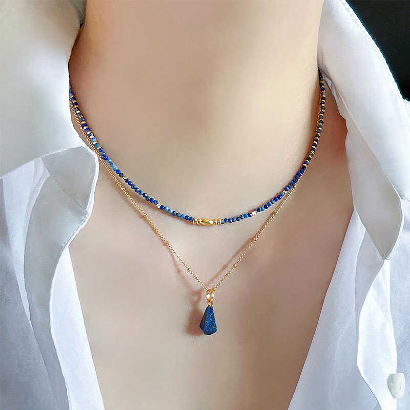 Natural Lapis Lazuli Collarbone Chain with 925 Silver and 18K Gold Plated Beads Necklace