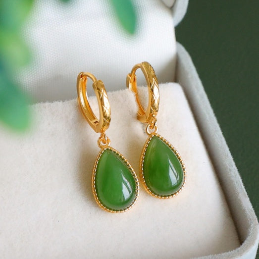 Natural Hetian Jadeite Waterdrop Earrings with Sterling Silver S925
