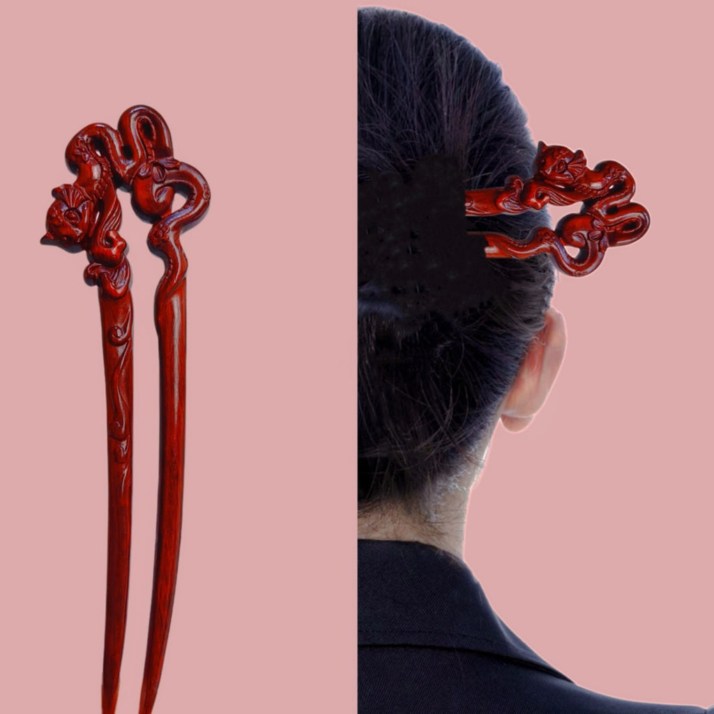 Rosewood Snake Hairpin U-shaped Double Hair Stick for Chinese New Year