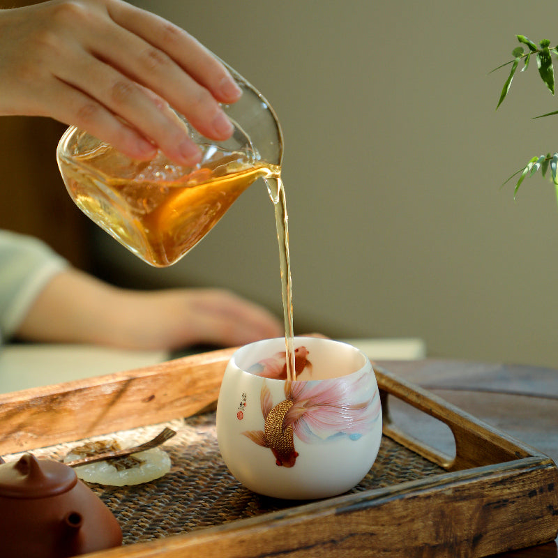 Gathering Blessings Tea Cup 200ml - Hand-painted Porcelain Tea Cup with Fish Design for Blessing