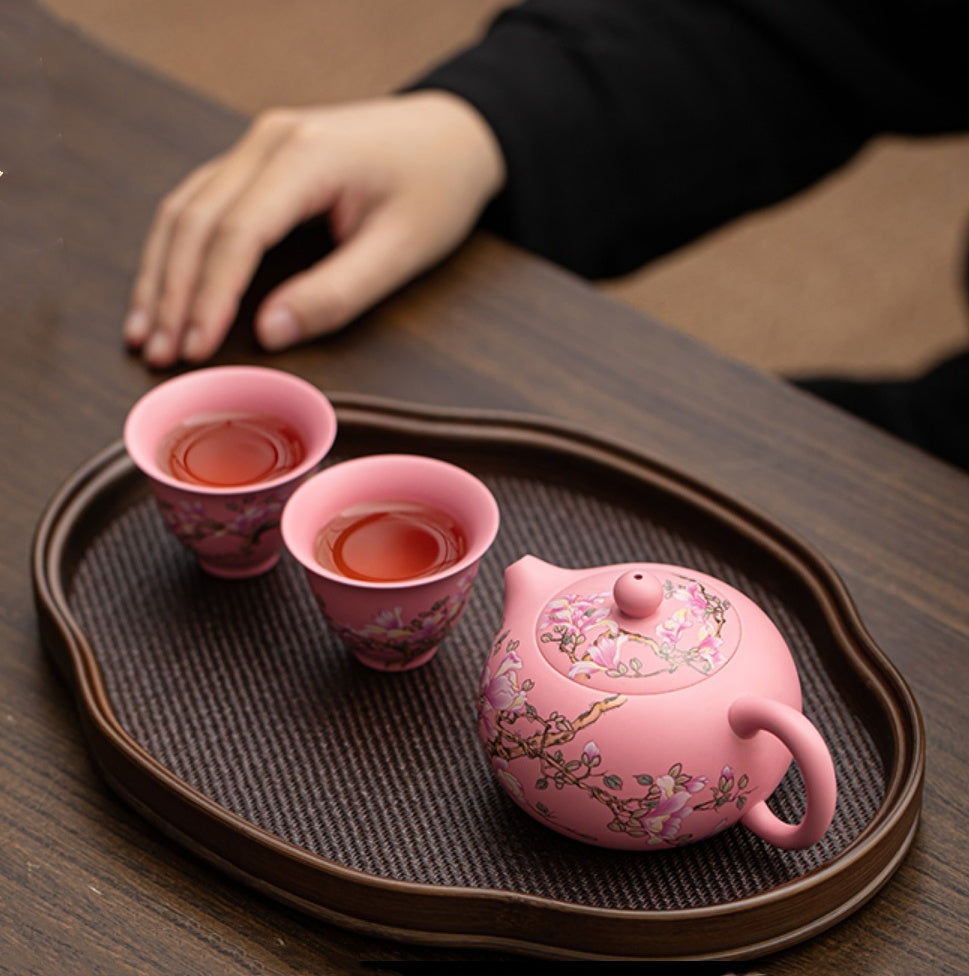 Handcrafted Pink Purple Sand Xi Shi Tea Set 1 Teapot 190ml, 2 Cups 50ml for each - Traditional Chinese Kung Fu Tea Ceremony Set with One Pot and Two Cups