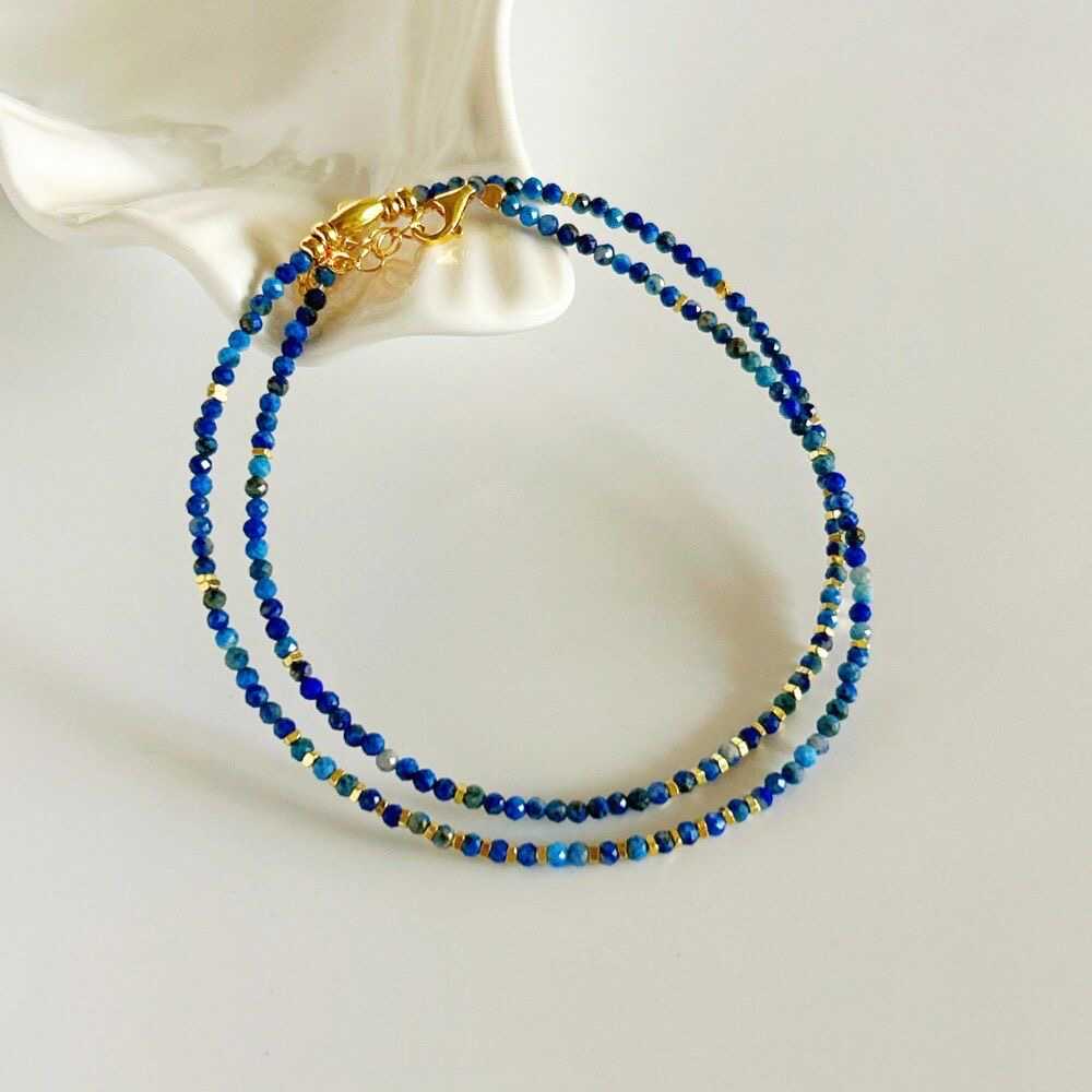 Natural Lapis Lazuli Collarbone Chain with 925 Silver and 18K Gold Plated Beads Necklace