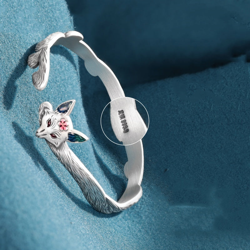 Silver Heart 999.9 Pure Silver Fox Bangle - Luxury Niche Jewelry Ideal Gift for Women