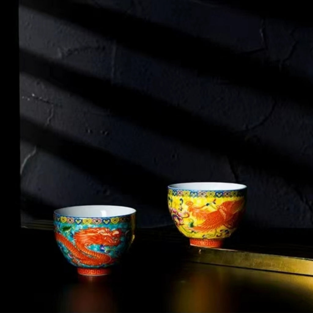 #155 Dragon & Phoenix China Bone Tea Cups 2-Pack