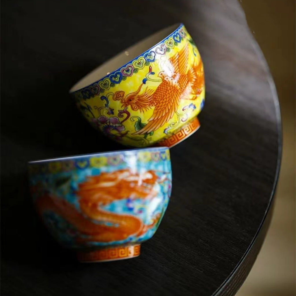 #155 Dragon & Phoenix China Bone Tea Cups 2-Pack