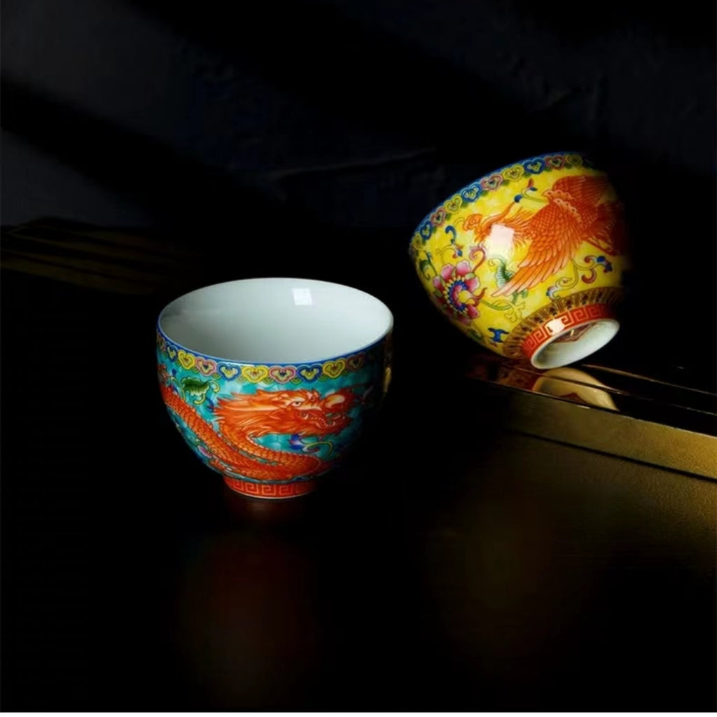 #155 Dragon & Phoenix China Bone Tea Cups 2-Pack