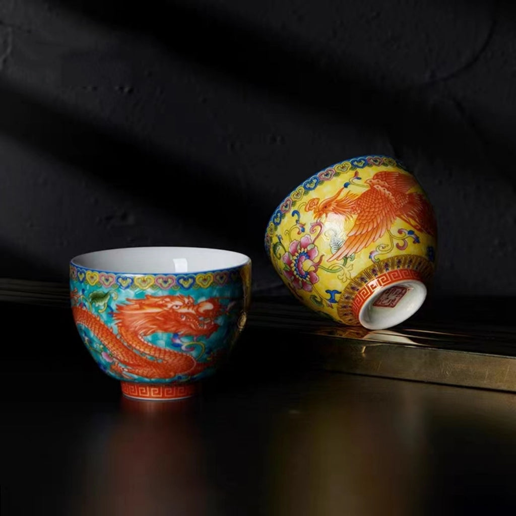 #155 Dragon & Phoenix China Bone Tea Cups 2-Pack