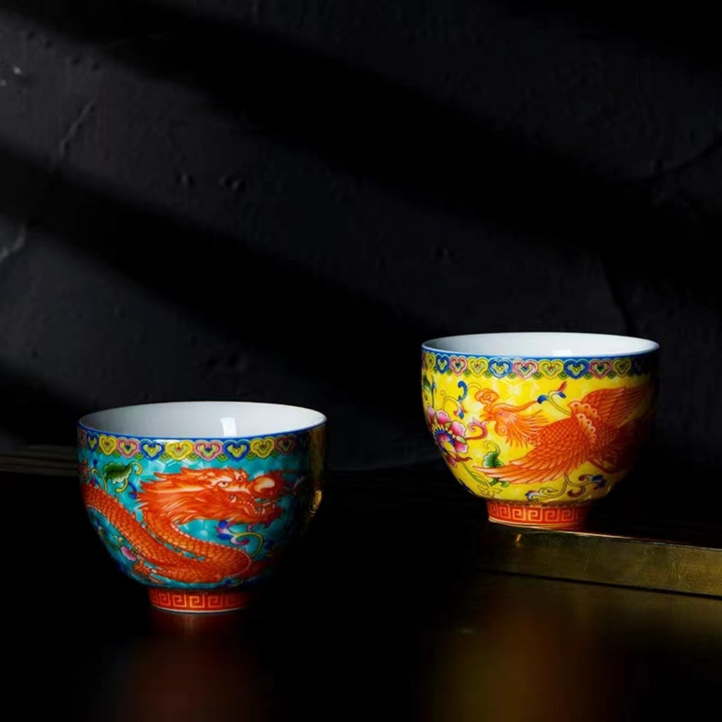 #155 Dragon & Phoenix China Bone Tea Cups 2-Pack