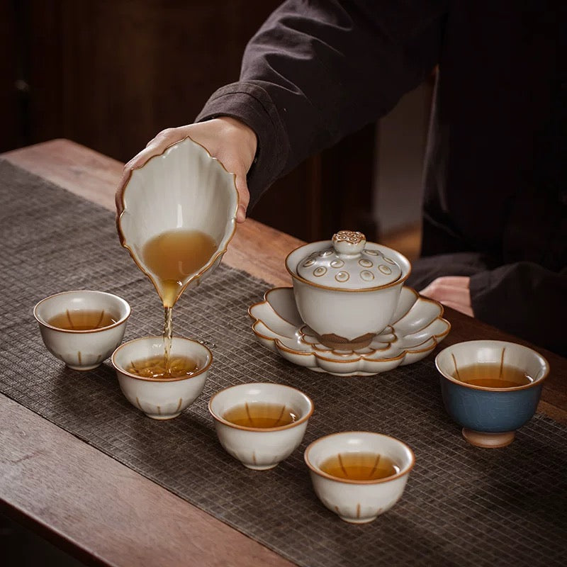 Moonlight White Ru Kiln Tea Set  Premium Luxury Gongfu Tea Ceremony Set Includes Teapot  Lidded Bowl and Cups for Home Office or Guest Use