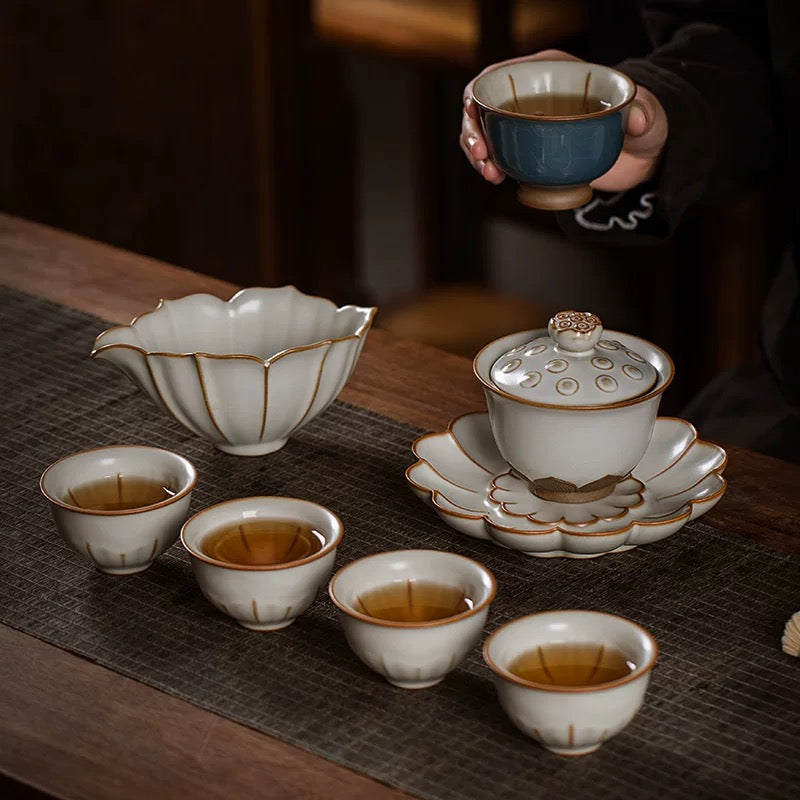Moonlight White Ru Kiln Tea Set  Premium Luxury Gongfu Tea Ceremony Set Includes Teapot  Lidded Bowl and Cups for Home Office or Guest Use